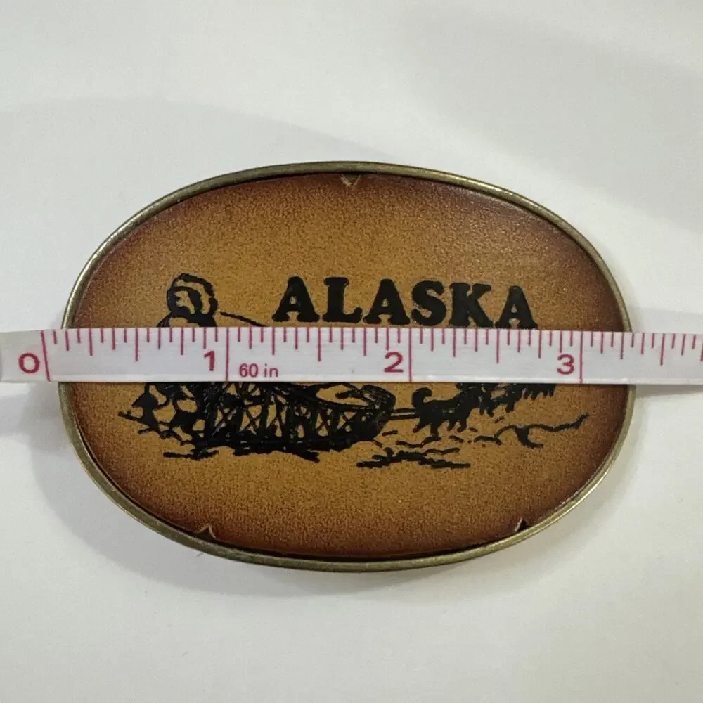 Vintage Alaska Leather Belt Buckle: Sled Dogs Mushing Made in USA